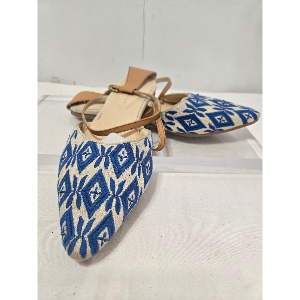 Anthropology Blue White Embroidered Ikat Beaded Ankle Strap Pointed Toe Flats 9M